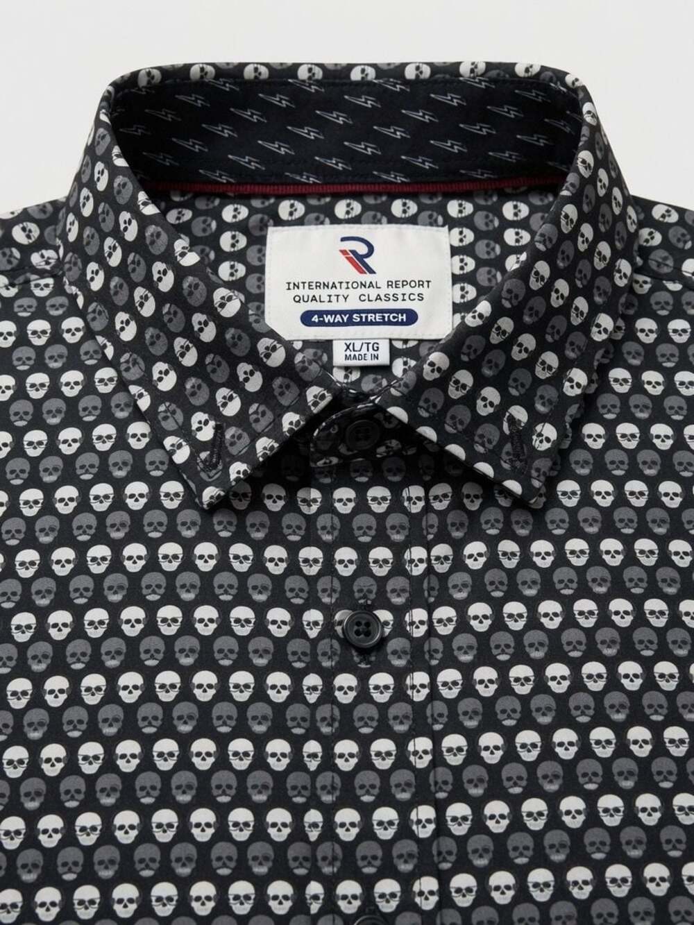 Mens XL International Report 4-Way Stretch Black Skull Print Short Sleeve Shirt